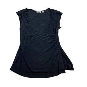 Chicos Travelers Faux Wrap Blouse Black V-Neck Ruched Work Short Sleeve Top 1 M